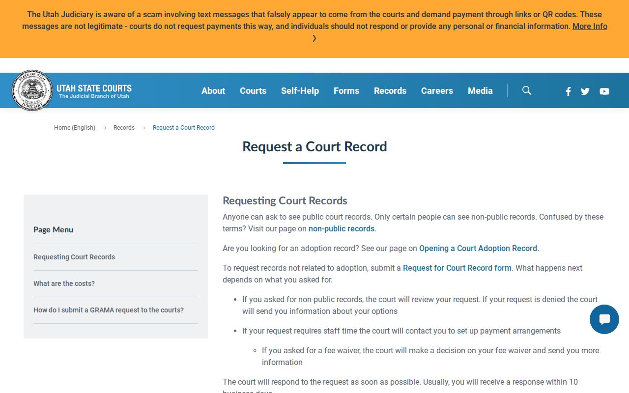 Millard County warrant records request: Utah court record request instructions