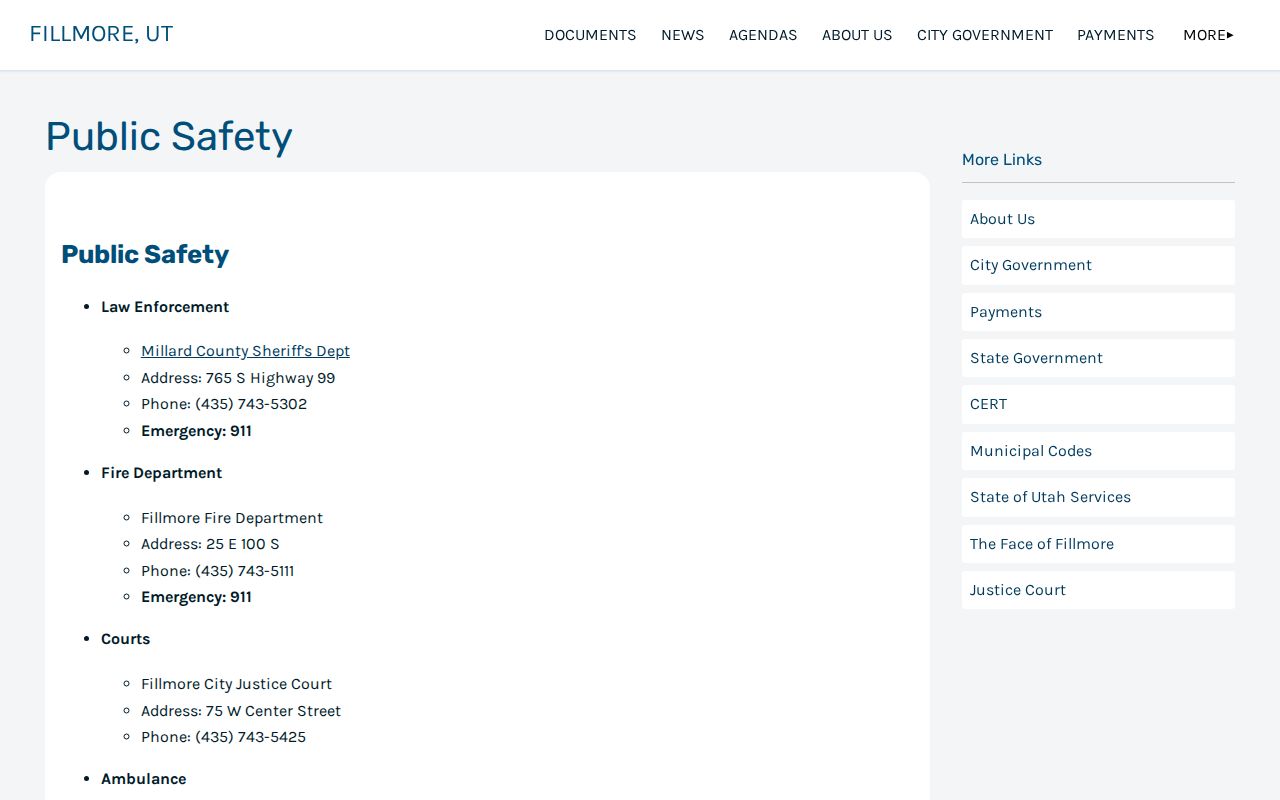 Fillmore warrant records: Fillmore public-safety contact page