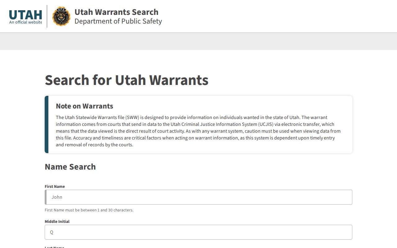 Millard County warrant records: Utah Statewide Warrant Search landing page